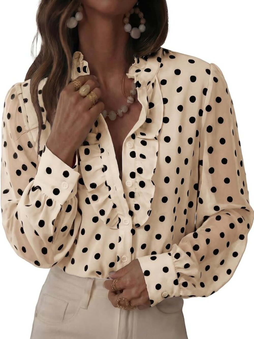 Chic Women's Polka Dot Blouse with Mesh Sleeves, Button-Up Top for Stylish